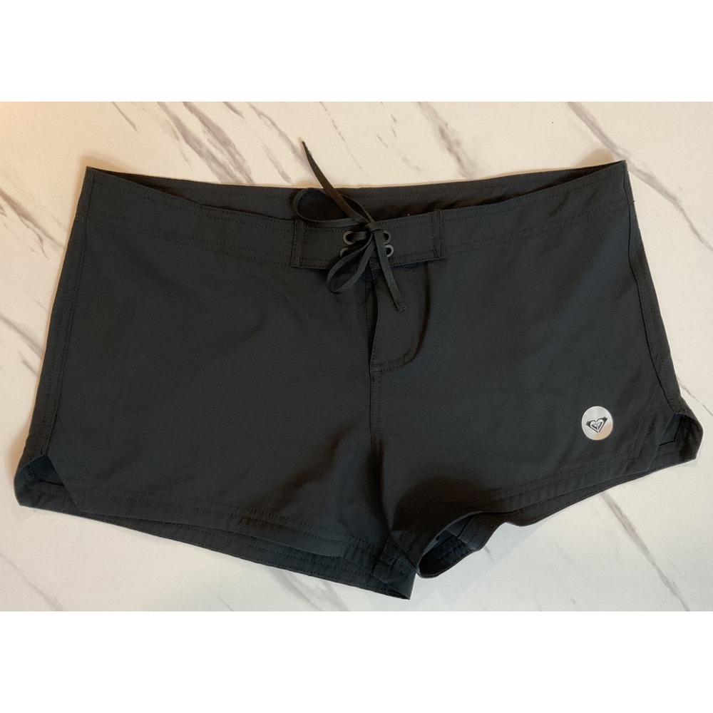 Roxy Womens Black Lace Up Board Shorts Swim Trunks Size XL Logo Patch